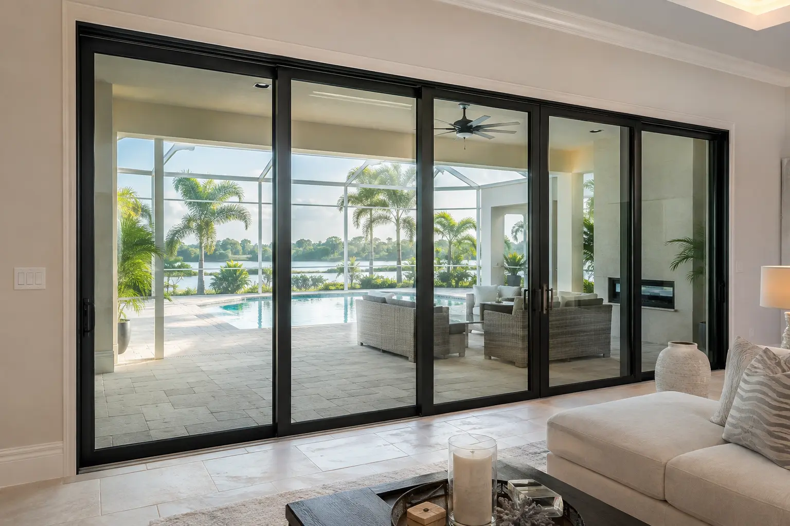 AI-generated representative image of black-framed impact sliding glass doors opening to a lanai