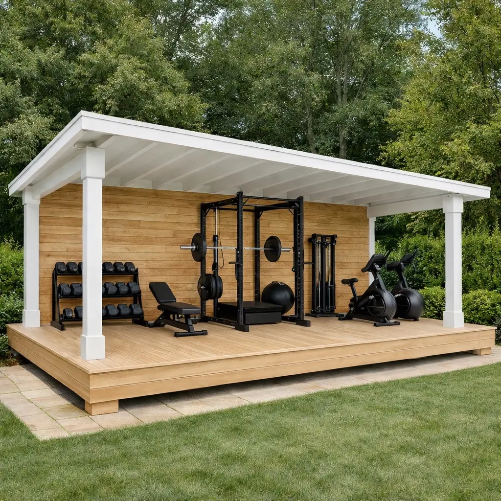 Covered outdoor fitness pavilion with wood decking and exercise equipment
